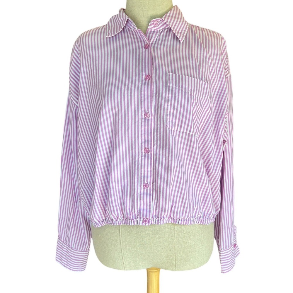 KUT from the Kloth Orchid Purple Striped Button Down L Elastic Hem Shirt Preppy